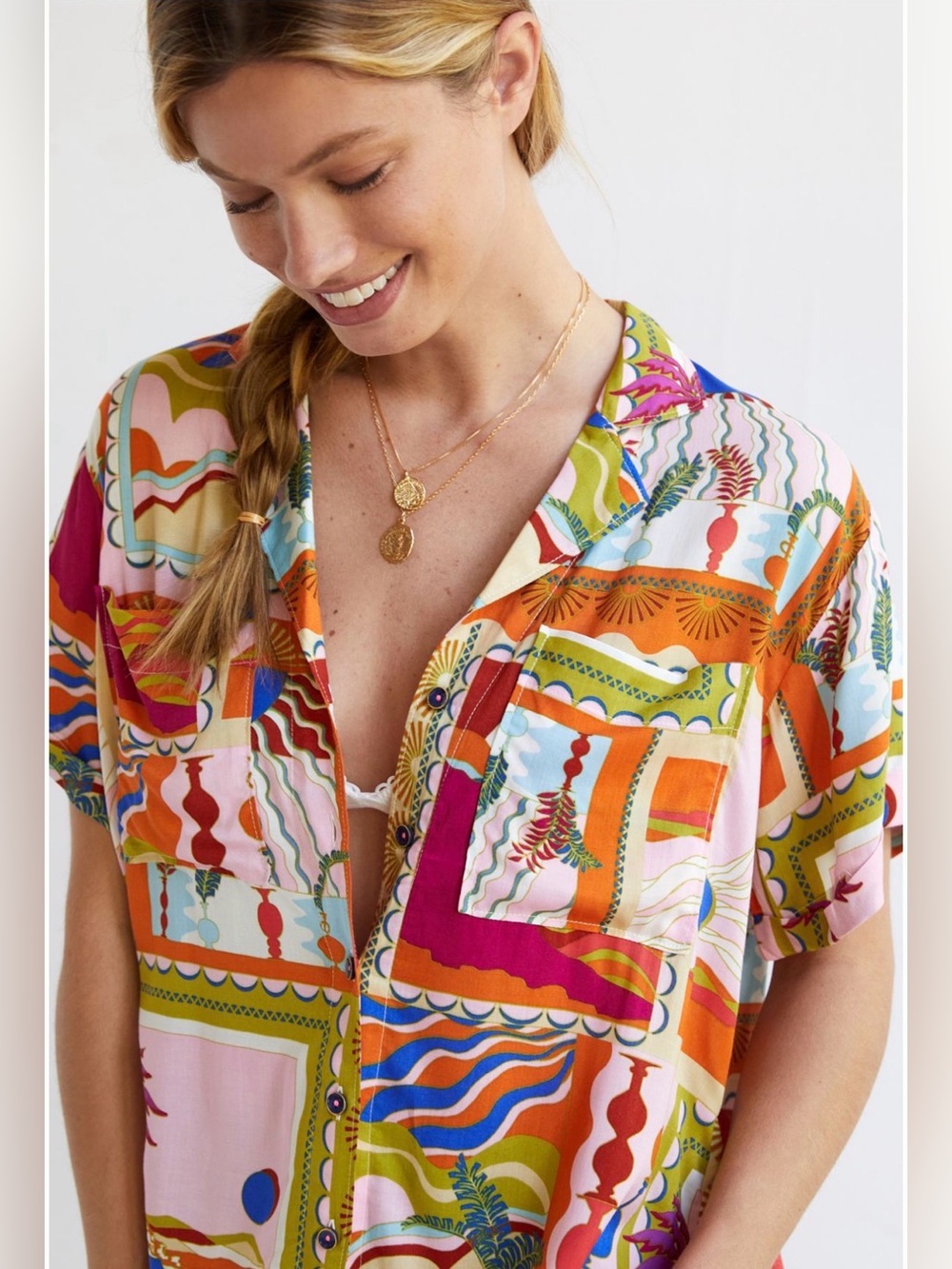 Maeve Anthropologie Medium Abstract Resort Camp Shirt Blouse Tropical Print
